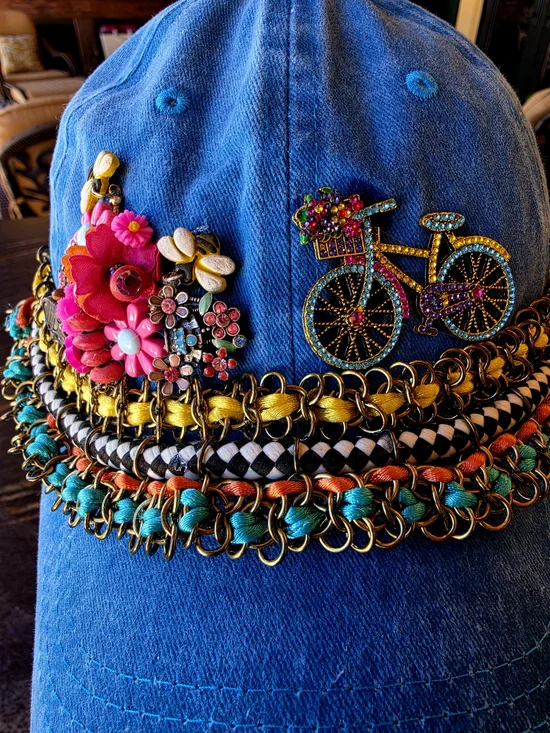 Hand Crafted Blue Denim Baseball Cap with Gold Bicycle & Pink Floral Accents - Picture 4 of 6